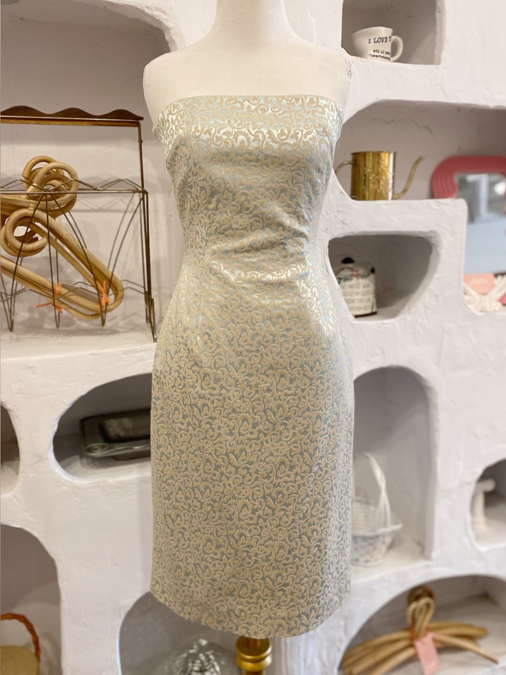 2010 Light Blue Satin Strapless Midi Evening Dress with Gold Brocade Print
